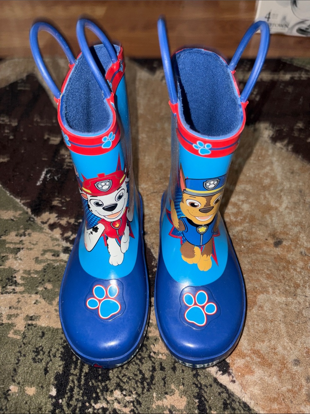 Joules Bright Blue Kids' Rain Boots with Red Trim and Floral Details